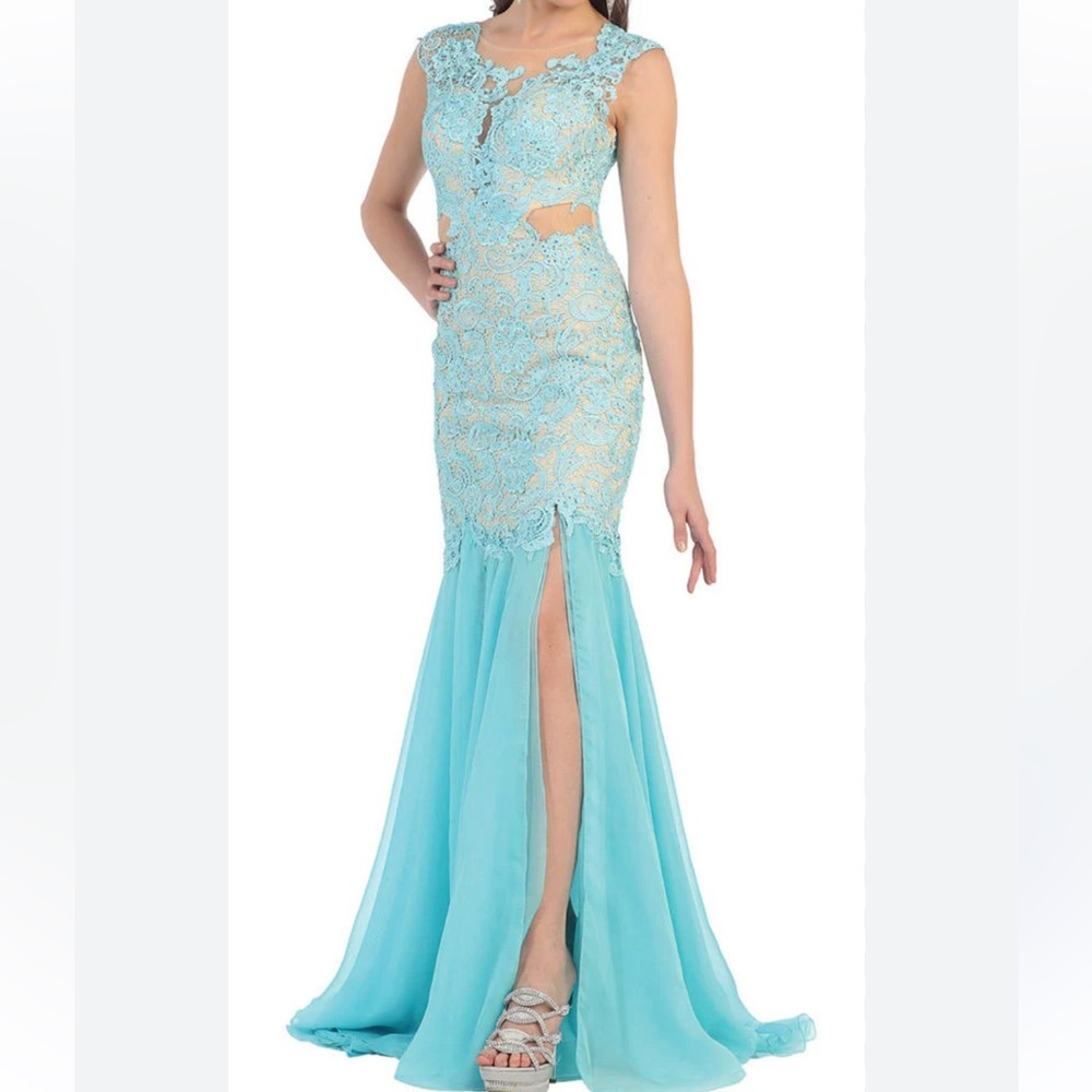 Mac Duggal Aqua Lace Evening Dress